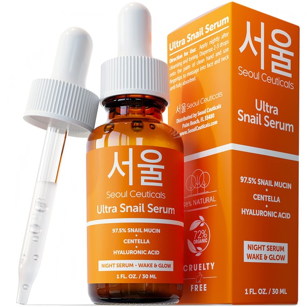 SeoulCeuticals Korean Skin Care 97.5% Snail Mucin Serum – Korean Beauty Skincare Night Serum Hyaluronic Acid for Face Contains K Beauty Snail + Centella Asiatica - Potent Anti Wrinkle Serum 1oz
