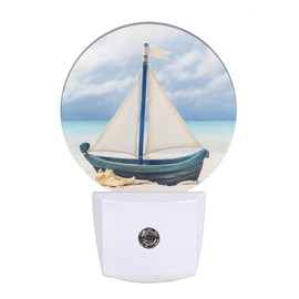EKOBLA Nautical Night Lights Plug into Wall Sea Boat Ship on Beach Night Light LED Round Lamp for Coastal Room Decorations, 0.5W Nightlight Sleep Friendly
