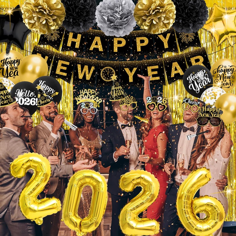 New Year Decorations 2026 - Black Gold Happy New Year