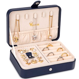 Voova Travel Jewellery Box Organiser for Women Girls, PU Leather Small Jewelry Storage Case with Smart Earrings Plate,Mini jewlerrying Display Holder for Earrings Rings Necklace Bracelets,Dark Blue