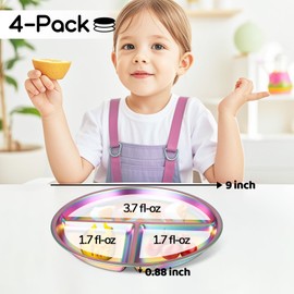 Bakpoco Bakpoco 9" Stainless Steel Toddler Plates Set of 4, Divided Plate for Kids & Baby, Non Toxic Unbreakable Dishes Dinnerware Adults Portion Control Snack Container, Colorful Meal Time Chums