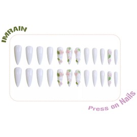 IMRAIN Long Press on Nails Stiletto White Fake Nails Full Cover Glossy Glue on Nails with Flower Designs Pure Color Artificial Stick on False Nails for Women 24Pcs