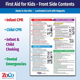 Safety Magnets by ZOCO – Infant and Child First Aid Magnet – CPR Choking Poison Control Burns Dental Emergency Chart – Laminated 8.5x11 Magnetic Quick Reference Card for Fridge