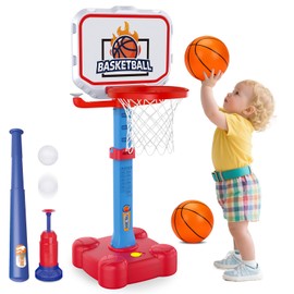 Tsomtto 4 in 1 Kids Basketball Hoop & T Ball Set Indoor Outdoor Toys for Toddlers 1-3 Adjustable Toddler Pool Basketball Hoop Goal Sports Outside Play Toys for 1 2 Year Old Boys Girls Birthday Gifts