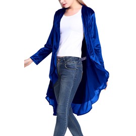 Women's Fashion Open Front Velvet Cardigan Coat with Asymmetric Chiffon Hem (XL, Royal Blue)