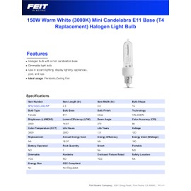 Feit Electric Halogen Light Bulb, 150W, E11 Mini Candelabra Base, 2200 Lumens, 3000K Warm White, Clear Finish, 2,000-Hour Life, Accent, Display, Appliance, Pool & Spa Lighting, BPQ150/CL/MC/RP