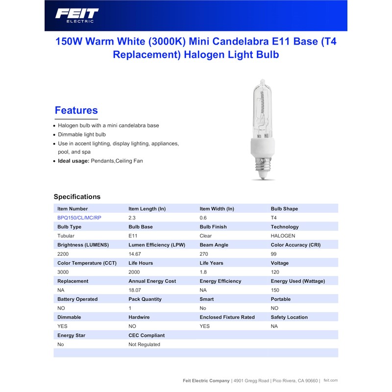 Feit Electric Halogen Light Bulb, 150W, E11 Mini Candelabra Base,