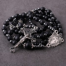 HanlinCC 6mm Black Glass Beads with 4mm Hematite Black Stone Beads Rosary Necklace with Miraculous Center piece and Crucifix pack in Velvet Gift Bag for Men and Women, Zinc, No Gemstone