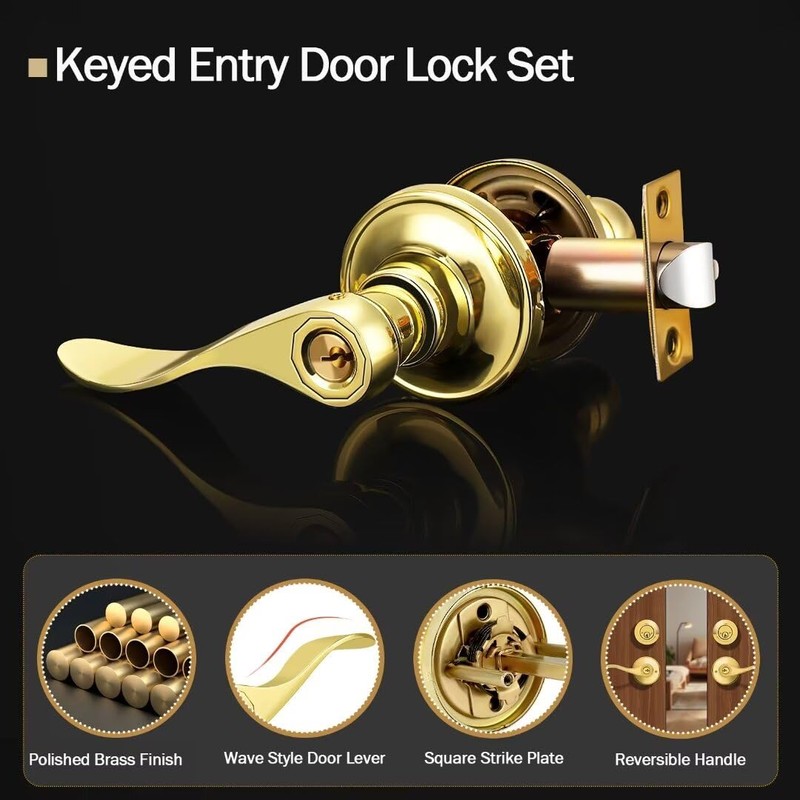 NIZADO 3 Pack Door Handle and Deadbolt Set Brass, Keyed