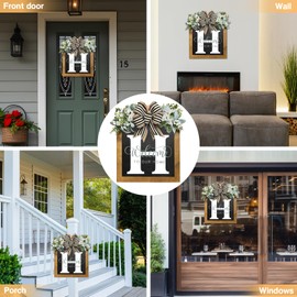 Last Name Welcome Sign for Front Door-14"x12", Wreaths for Front Door, 26 Letter Front Porch Decor Wreaths, Welcome Sign with Eucalyptus Garland and Bow, Wooden Farmhouse Wall Decor, Housewarming Gifts (H)