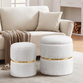 FurniSoar Faux Fur Round Storage Ottoman Pack of 2, Upholstered Vanity Stool Foot Rest with Gold Metal Hoop, Soft Tufted Seat for Living Room, Bedroom, Entryway