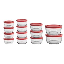 Anchor Hocking 26 Piece Glass Storage Containers with Lids (13 Glass Food Storage Containers & 13 Red SnugFit Lids)