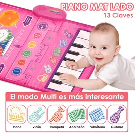 Nasjac Alfombrilla de Musicales de Piano para Niños,2-in-1 Tapete Musical con Tambor,Plegable Alfombrilla Teclados de Piso,Piano Electrónico con 6 Instrumentos 13 Canciones 8 Rítmicas (Rosa)