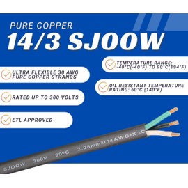 50 Feet 14/3 SJOOW Cable Cord 14 AWG 3 Conductor SO Wire - 14 Gauge 3 Conductor (14/3 Wire) 300V Portable Power Extension Cable for Motor Leads, Portable Lights, Battery Chargers