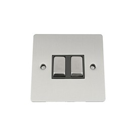 Light Switch Double 2 Gang - Satin Matt Chrome Flat - Black Insert - Metal Rocker Switch - 10 Amp 2 Gang 2 Way