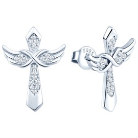 INFINIONLY Necklace and Earrings studs for women girl, 925 silver Jewelry Sets, Cross and wings necklace earring, cross necklace pendant, cross earring stud, Inlaid Zircon, silver