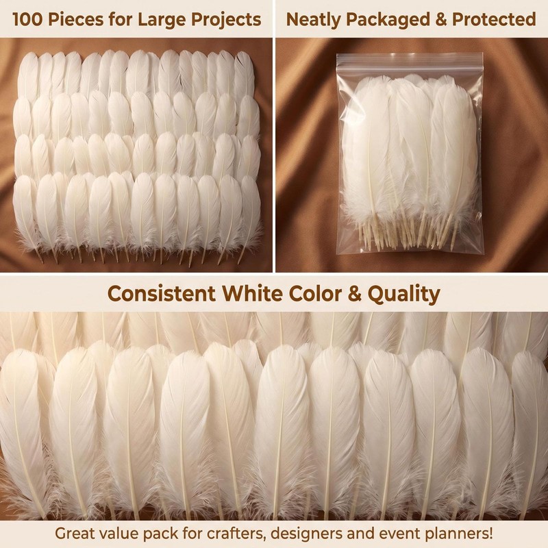 100PCS White Goose Feather 6-8inch Mixed Jewelry Making Crafts Swan