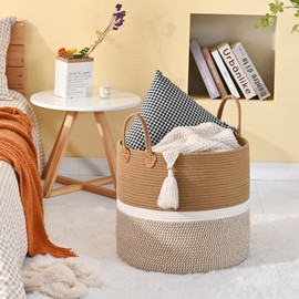KAKAMAY Large Blanket Basket (18"x18"x16"),Woven Baby Laundry Hamper for Storage, Cotton Rope Blankets Baskets for Nursery, Laundry, Living Room, Pillows, Baby Toy chest with Handles (Brown)