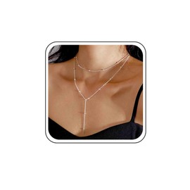 Xmsrn Vintage Layered Long Drop Y Necklace Boho Long Chain Choker Necklace Ball Chain Y Drop Necklace Gold Chain Y Lariat Necklace for Women, Zinc, No Gemstone