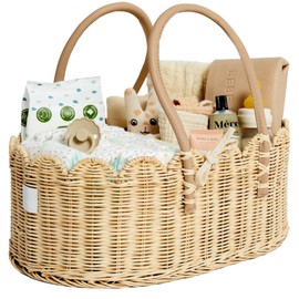 BEBE BASK Premium Baby Diaper Caddy Organizer - Handmade & Award-Winning Scalloped Rattan Basket - Luxury Diaper Caddy Basket - Elegant Scalloped Edge (Natural)