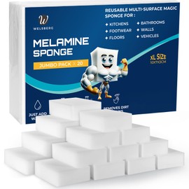 Welsberg Dirt Eraser Sponge Pack of 20 Melamine Miracle Sponge 10 x 7 x 3 cm Eraser Sponge Cleaning Sponge, Magic Sponge Eraser for Household, Kitchen, White Walls, Bathroom, Shoe Sponge, White