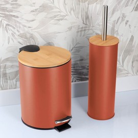 Terracotta Bathroom Set with Bamboo Lid - Matte Metal Trash Can and Toilet Brush, 2.5L Bin with Foot Pedal, Quick-Dry Brush Holder - Compact Set for Small Spaces