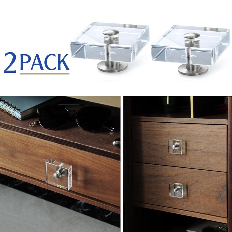 JEREVER 2 Pack Acrylic Knobs Large Size Crystal Brass Drawer