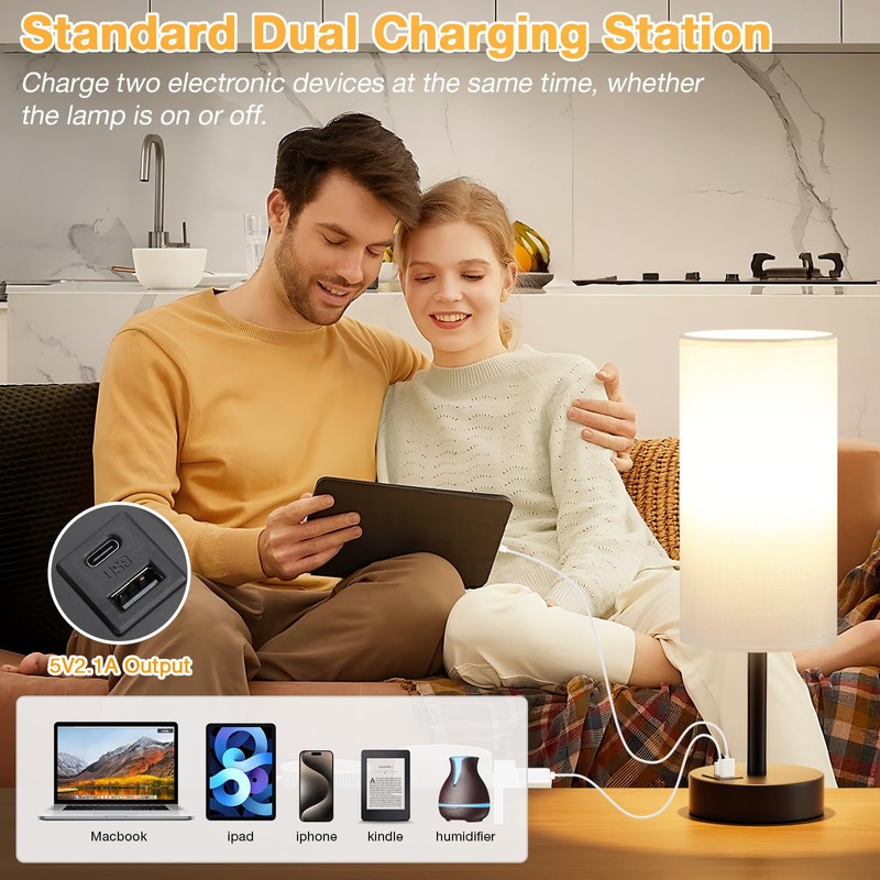 White Touch Table Lamp with USB - 3 Way Dimmable