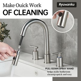 Ryuwanku Brushed Nickel Pull Down Bathroom Faucet with Pop-up Drain, 8 inch Widespread Bathroom Faucet 3 Hole with Pull Down Sprayer 2 Modes, 8'' Brushed Nickel Bathroom Faucet with Supply Lines