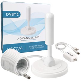 VSG24 DVBT2 Antenne mit Verstärker 36Dbi+ HDTV Zimmerantenne für Fernseher, max. Signalqualität durch ALU-Kern, 5m Kabel DVB-T2 Antenne Fernseher freenet tv innen außen