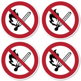 Keine offene Flamme; Feuer, offene Zündquelle und Rauchen verboten, Verbotszeichen: P003 - DIN EN ISO 7010 / ASR A1.3 - Aufkleber: Ø 10 cm, 4 Stück