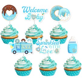 Jollyboom 36pcs Sprinkled With Love Cupcake Toppers, Baby Sprinkle Decorations for Boy Cupcake Toppers Donut Theme Baby Shower Decorations Double-Sided Printing Boys Gender Reveal Its a Boy Party