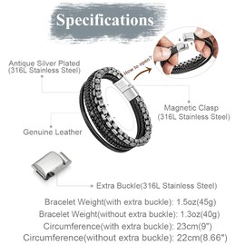 murtoo Mens Bracelet Leather Bracelet for Men Brown Black Leather 316L Stainless Steel Chain Bracelet Bracelet for Men Gift (Silver Black, 7.5'')