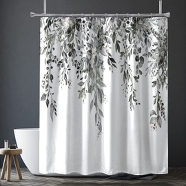 Nuseiis Black and White Eucalyptus Leaves Shower Curtains 72 x 72, Fabric Gray Shower Curtain Sets, Floral Plant Bathroom Curtain Decor with Hooks