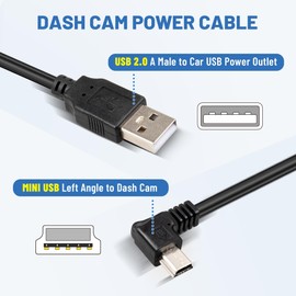 EWAY Mini USB Dash Cam Power Cable 13ft, USB 2.0 A to 90 Degree Left Angle Mini-B USB Charging Cord Power Supply Car Charger Adapter Connector for Dashcam Dashboard Recorder Mirror Cam Backup Camera