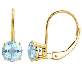 AoneJewelry Aquamarine Gemstone Leverback Earring for Women| 14K Yellow Gold 4mm 0.55 Carat 2 Stone Round Cut Prong Setting Genuine Diamond Wedding Jewelry Collection