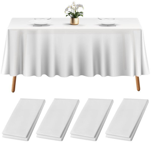 4 White Plastic Tablecloth - 108 X 54 Plastic Table Cloth - Disposable Tablecloths - White Table Cloth - Plastic Table Cover - Tablecloths for BBQ, Party, Fine Dining, Wedding, Outdoor