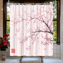Pink Cherry Blossom Shower Curtain Plum Floral Flower Japanese Asian Anime Watercolor Cute Branch Ink Scenery Wildflower Bath Curtain Fabric Bathroom Accessories Decor with Hooks 70W x70L