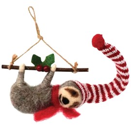 Sloth Christmas Ornament, Hanging Tree Decoration by Christmas Market Ornaments - Red & White Striped Holiday Hat