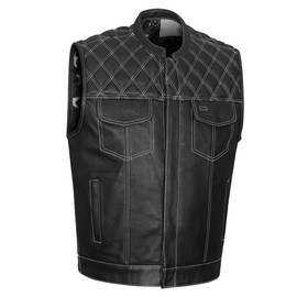 Mens Old Glory Leather Motorcycle Vest SOA Biker Club Vest with Black n White American Flag Liner White Stitching, Diamond Padding (Black with White Stitching, Large)