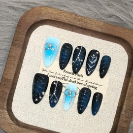 TENPAL Medium Almond Press on Nails,Metallic Blue Nails with 3D Hand-Painted Bows & Hearts | Rhinestone & Steel Bead Decor, Acrylic Soft Gel Fake Nails with 10pcs M Size,Chic False Nails for Girls