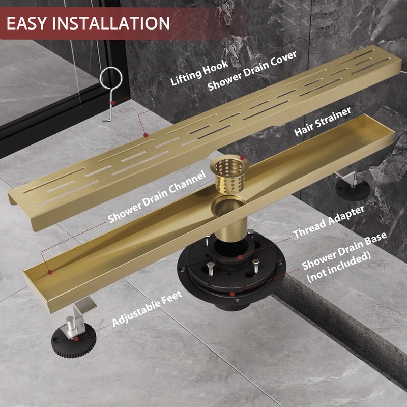 muschbath 32 Inch Linear Shower Drain, Brushed Gold Shower Drain,