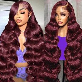 HaEver 30 Inch 99J Burgundy Lace Front Wigs Human Hair Pre Plucked 200% Density Body Wave Lace Front Wigs Human Hair Red Wig HD Transparent Full Frontal 13x6 Glueless Colored Natural Wig For Woman