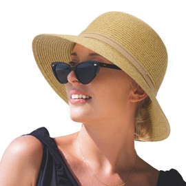 Comhats Sun Hats for Womens, Ladies Summer Hats Sun Protection Beach Straw Hats UPF 50 Wide Brim Hats Packable Adjustable Khaki Medium