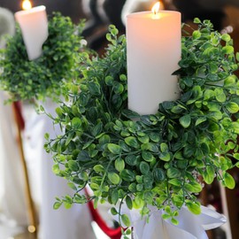 6 Pcs Candle Rings Wreaths 3 Inch Wedding Candle Rings Pillars Candle Wreaths Kitchen Cabinet Wreaths Mini Green Boxwood Candle Wreaths for Wedding Party Decor (Green Boxwood)