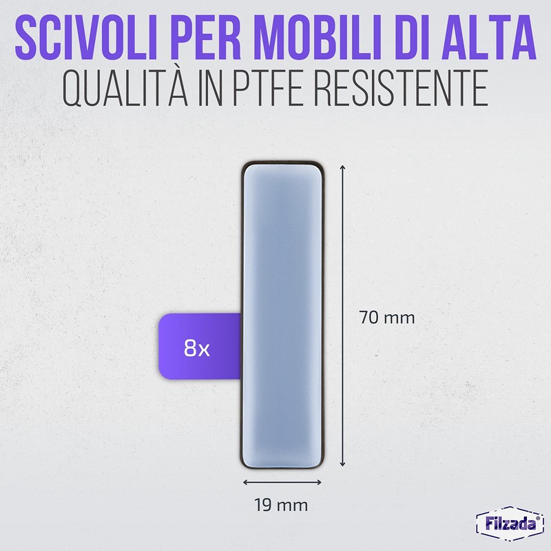 Filzada® 8x Piedini per Mobili Autoadesivi Teflon 70x19 mm -