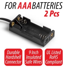 KASSupply Triple-A Battery Connectors, 2 Slot Hard-Shell AAA Battery Holders with Insulated Wire Leads - 2 Pieces