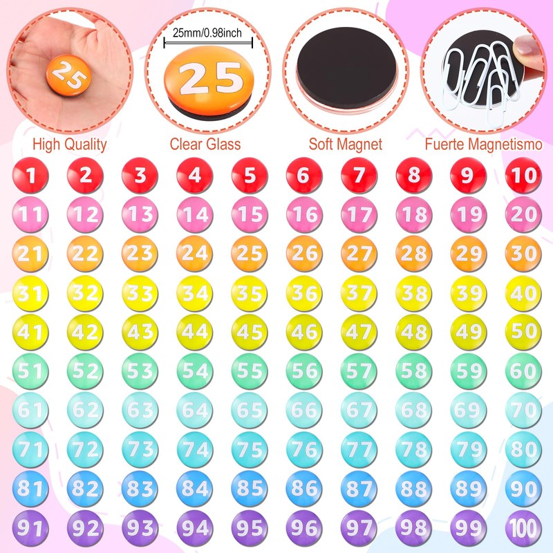 Tellegloww 1-100 0.98" Glass Magnetic Numbers for Whiteboard,Rainbow Color