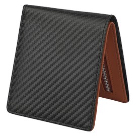 Casheey Men's Bifold Wallet, Holds 14 to 16 Cards, Large Capacity, Includes Box-shaped Coin Purse, Carbon Leather, Genuine Leather, Folding Wallet (14 Card Pockets, Carbon Black x Orange), Black x