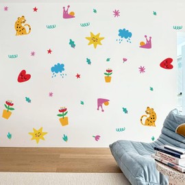 Colorful Wall Decals Set, Kids Room Decorative Stickers with Animals and Nature Designs, Nursery Art